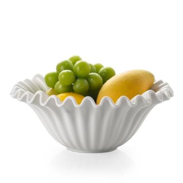 Imagem de KOKUNKA Tigela decorativa grande, tigela de frutas de porcelana de 25 cm para balcão de cozinha, tigela de babados feita à mão para decoração de casa, prato de flores elegante para festa, branco