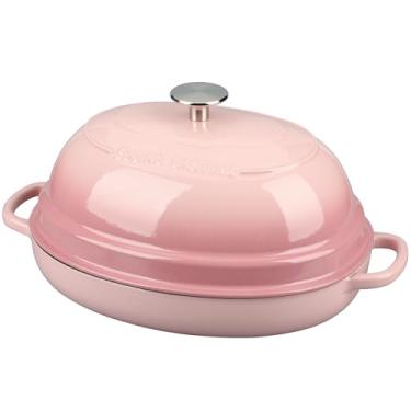 Imagem de EDGING CASTING Panela de forno holandês de ferro fundido oval esmaltado com tampa, forno holandês de pão para assar pão de fermento, 6 litros, rosa