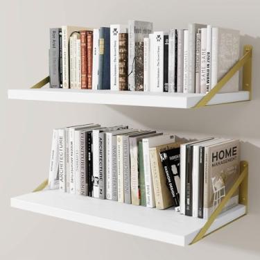 Imagem de Prateleiras de parede profundas 61 cm L x 30 cm P Prateleiras flutuantes de madeira projetada para parede, suporte de metal resistente (ouro) Estantes de livros para decoração de casa, sala de estar