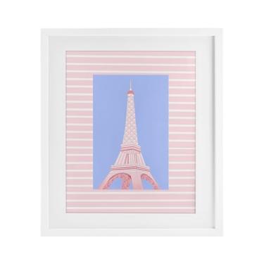 Imagem de Stupell Industries Impressão emoldurada branca da Torre Eiffel sobre listras cor-de-rosa por Pooja Dave, 53 x 43 cm