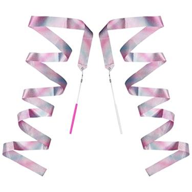 Imagem de BLMHTWO 2 peças de fita de varinha de dançarina rítmica bastão de fita de dança streamers bastão de fita giratória com alça antiderrapante para dança artística ginástica crianças dançando talentos