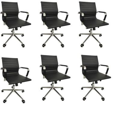 Imagem de Conjunto com 6 Cadeiras Office com Rodízio e Encosto Esteirinha Baixa Preto