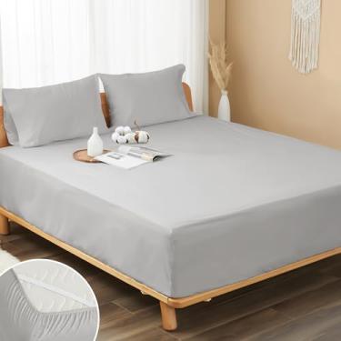Imagem de HOMTEC Lençol de elástico 100% algodão percal, lençol com elástico profundo de 20 a 38 cm, respirável, macio e nítido, apenas com 4 alças nos cantos (casal, cinza claro)