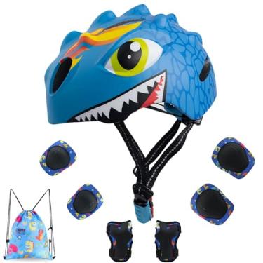 Imagem de Capacete infantil infantil para meninas de 2, 3, 4, 5, 6, 7, 8 anos, com design de dinossauro 3D, conjunto de equipamentos de proteção e certificado de segurança, capacete de patinação e skate (azul)