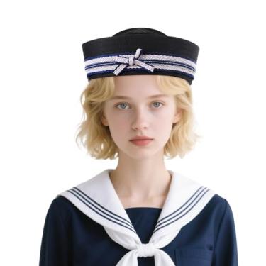 Imagem de JIAHG Chapéu de marinheiro vintage náutico boina com laço listrado fofo fantasia cosplay para meninas para festa de Halloween