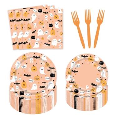 Imagem de AEMUYA 96 Pcs Halloween Plates and Napkins Ghost Spooktacular Halloween Baby Shower Birthday Party Tableware Serve 24 Guests
