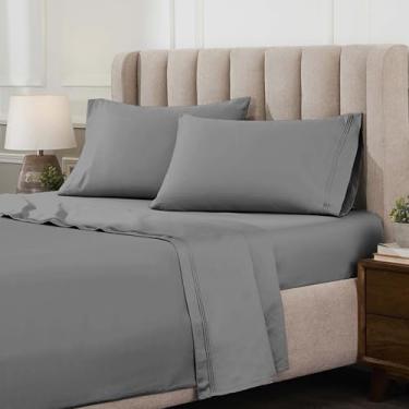 Imagem de Superior Jogo de lençol de algodão egípcio de 4 peças, luxuoso, 1500 fios, design moderno, lençóis sustentáveis, básicos ultramacios, sólido, lençol com elástico alto, lençol de cima, fronhas, casal