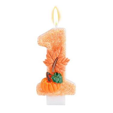 Imagem de Vela de Aniversário Número 1, Glitter Topo Bolo Primeiro Aniversário abóbora Decoração de Festa Temática Outono para Chá Bebé e Celebração(Laranja, Estilo 2)