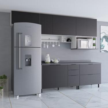 Imagem de Cozinha Compacta Bartira Rubi com 7 Portas, 4 Prateleiras e 3 Gavetões Freixo/Preto Poah – 360,1cm largura