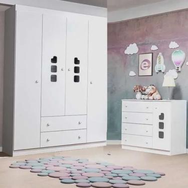 Imagem de Guarda Roupa e Cômoda Infantil 4 Portas Livia Branco Brilho - Phoenix 