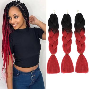 Imagem de Sakkou Cabelo trançado ombré vermelho 3 peças de cabelo trançado jumbo para tranças 61 cm extensões de cabelo trançado sintético falso (1B/vermelho)