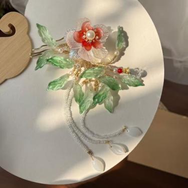 Imagem de Cayyoomm Bastão de cabelo vermelho escuro de resina com folhas azuis, elegante grampo de cabelo chinês Hanfu para mulheres, grampo de cabelo de metal para cabelos longos, acessório de cabelo vintage