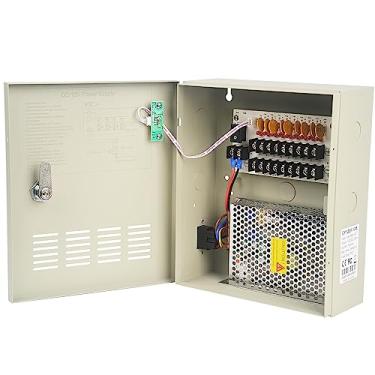 Imagem de Caixa de fonte de alimentação distribuída CCTV de 9 canais para câmera de segurança - 9 portas 10A 12V DC Saída - Fusível PTC - Regulado e filtrado - Proteção contra surtos - Trava de chave