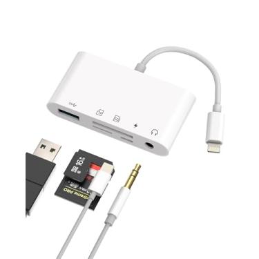 Imagem de Lightning Divisor de leitor de cartão micro SD USB de 3,5 mm para iPhone 14, 13, 12, 11 Pro Max X 7 8 Plus (5 em 1), cabo adaptador de fone de ouvido, carregador OTG Aux para câmera, memória, TF Flash