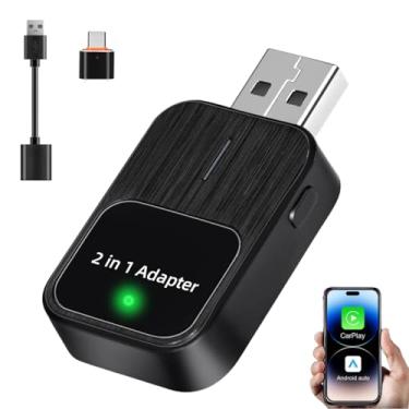 Imagem de Adaptador automotivo 2 em 1 sem fio CarPlay e Android com interruptor de 1 toque e redefinição, com fio para sem fio, plugue e use USB/Tipo-C Dongle Plug & Play, conexão automática, sem atraso