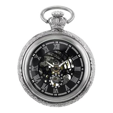 Imagem de BOSHIYA Relógio de bolso mecânico luminoso Steampunk vintage relógio de bolso/com correntes/corda manual/esqueleto preto/mostrador números romanos