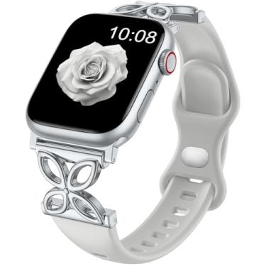 Imagem de IMIVIO Pulseira feminina de silicone fina compatível com relógio Apple 40 mm, 44 mm, 38 mm, 41 mm, 42 mm, 45 mm, 46 mm e 49 mm, elegante para Apple Watch séries 10, 9, 8, 7, 6, 5, 4, 3, 2 e SE, Ultra
