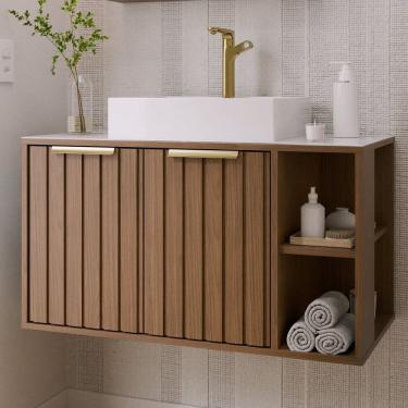 Imagem de Gabinete para Banheiro 80cm com 2 Portas 2 Nichos e Cuba de Sobrepor Noruega Freijó