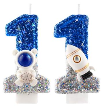 Imagem de Vela de aniversário de 11 anos com glitter astronauta espacial número 11 velas azul prata topo de bolo decorações vela de feliz aniversário para meninas meninos artigos de festa de aniversário