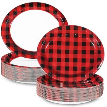 Imagem de EggSun Pratos de papel ovais de Natal guingão vermelho e preto, 25 x 30 cm, grandes pratos de papel xadrez xadrez vermelho e preto descartáveis para aniversário, casamento, chá de bebê, suprimentos