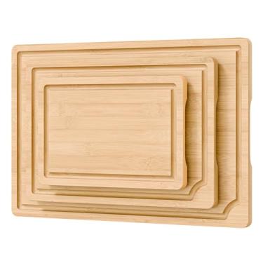 Imagem de CY SISTERS Conjunto de 3 tábuas de corte de bambu de madeira com ranhuras e alças de suco, bandejas de servir queijo charcutaria, pratos de preparação de alimentos para carne, legumes e exibição