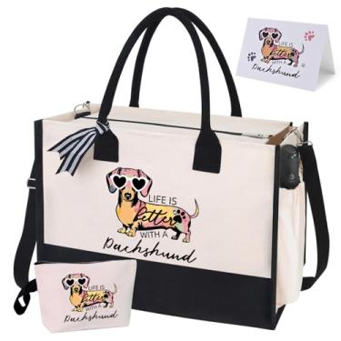 Imagem de Extrogif Presentes Dachshund para mulheres, sacola de lona com zíper e bolsa de maquiagem – Bolsa de presente para cães Weiner para amantes de Dachshund, Dia das Mães, Natal, aniversário
