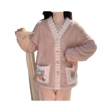 Imagem de Conjunto De Pijamas Femininos De Lã Coral Engrossado Estilo Cardigã Qu