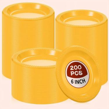 Imagem de 200 pratos de plástico descartáveis, pratos redondos de sobremesa de 15,24 cm para serviço pesado, pratos de bolo a granel para festa de aniversário, jantar de viagem, piqueniques, pratos de aperitivo, suprimentos de festa (amarelo)