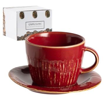 Imagem de QNMUSUNC Copo de café com leite de cerâmica com pires, 200 ml, caneca de café, xícaras de café expresso para cappuccino, chá de leite e mocha, seguro para lava-louças e micro-ondas (vermelho)