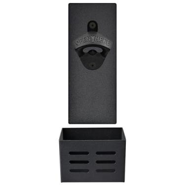 Imagem de Luwanburg Abridor de garrafa magnético preto montado na parede abridor de cerveja de ferro fundido com tampa magnética balde coletor para refrigerador de geladeira de metal