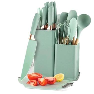 Imagem de Kit Completo Jogo Utensílios de Cozinha Luxo 19 Peças Com Tábua em Silicone Espátula Faca Tesoura(Verde)