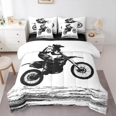 Imagem de Erosebridal Conjunto de edredom completo Dirt Bike Motocross Rider 7 peças Jogo de cama para esportes radicais com lençol de corrida e motocicleta em uma bolsa para decoração de quarto