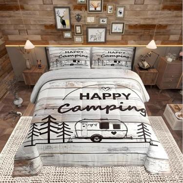 Imagem de Conjunto de edredom casal Happy Camping, painéis de madeira branca, conjunto de cama para crianças, adultos, adolescentes, estilo country, conjunto de colcha de luxo para decoração de quarto, 3 peças