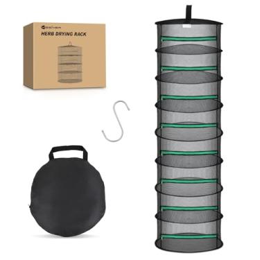Imagem de Yesker Rack de secagem de ervas com 8 camadas, rede de malha, dobrável, para secar plantas, 61 cm de diâmetro, com zíper verde e gancho para secador, suporte para pendurar ervas, broto, frutas, roupas