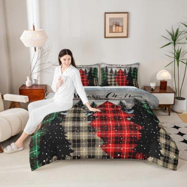 Imagem de Manfei Conjunto de cama solteiro de pinheiro de Natal, quadriculado geométrico, com pontos de floco de neve, casa de fazenda, para meninos e adolescentes, marrom, vermelho e preto, decoração de quarto