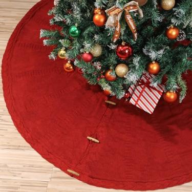 Imagem de Saia de árvore de Natal tricotada de 122 cm vermelha luxuosa tricotada grossa para árvore de Natal rústica para casa de fazenda, crochê, árvore de Natal, decoração de Natal, férias, decoração de festa