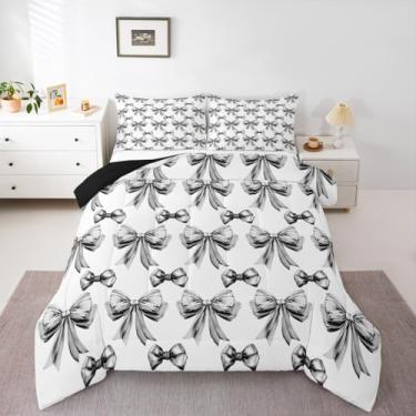 Imagem de Erosebridal Conjunto de edredom Queen com laço preto para meninas – Conjunto de cama com gravata borboleta preto e branco, fita de princesa com laço e 2 fronhas