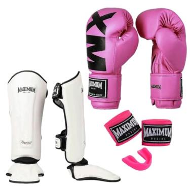 Imagem de Kit Luva de Boxe Feminina MXM Rosa + Caneleira Muay Thai Classic Branco + Bandagem 3m + Protetor Bucal - Maximum (LUVA 10oz + CANELEIRA M)