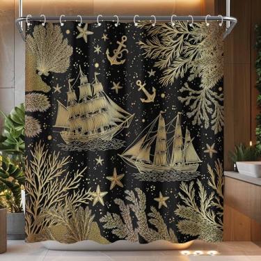 Imagem de Kanuyee Conjunto de cortina de chuveiro náutico marítimo, decoração de banheiro repelente à água com ganchos de plástico, decoração de casa Gold Ocean Tale 182 x 182 cm.