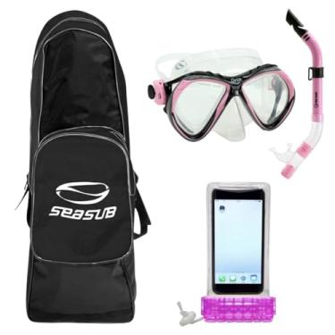Imagem de Seasub Kit Completo de Mergulho, Mochila Básica Azul e Preta 69x22x16cm, Máscara Onix com Vidro Temperado, Respirador SK-09, Capinha Celular à Prova d'Água (Rosa)