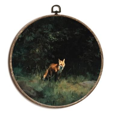 Imagem de laveliabel Decoração de parede em tela redonda de raposa da floresta vintage, impressões em tela emoldurada de animais da floresta, Dark Academia Cottagecore decoração de parede redonda para galeria