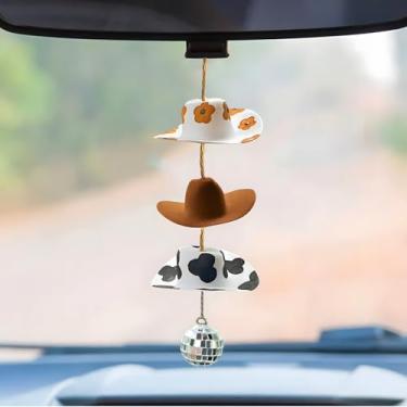 Imagem de Chapéu de caubói para carro, acessórios para pendurar no espelho retrovisor do país, chapéu de vaqueira de girassol, decoração de carro com estampa de vaca, mini chapéu de feltro feito à mão, pingente
