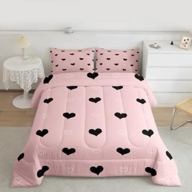 Imagem de Erosebridal Conjunto de Edredom para Meninas, Tamanho Solteiro, Lindo Conjunto de Cama com Estampa de Coração, Adorável Edredom de Plumas Rosa e Preto, Conjunto de Colcha Macia Geo (Gêmeo, Multi 22)