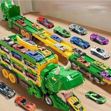 Imagem de Caminhão Dinossauro Transportador 3 em 1, Verde e Amarelo, Brinquedo Transformável com Pista Dupla e Engole Carros, 157cm, com 6 Carrinhos em Miniatura, para Crianças Azul