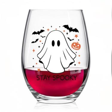 Imagem de Pishovi Taça de vinho Stay Spooky, tema fantasma assustador, presentes de aniversário de Ação de Graças para mãe, pai, esposa, marido, amigo, família, presentes de aniversário góticos para colega