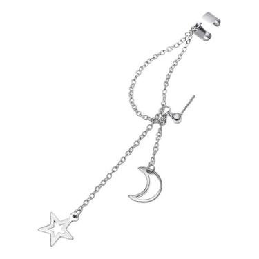 Imagem de Brinco Corrente Com Piercing Pressão Lua E Estrela Duplo Prateado