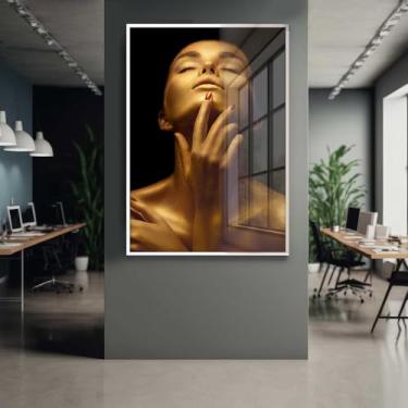 Imagem de Quadro Decorativo com Moldura e Acrilico Cristal Vidro Mulher Dourada Salão Sala Quarto Hall