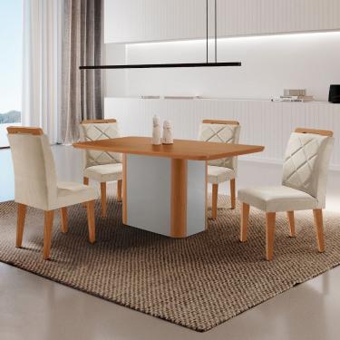 Imagem de Mesa De Jantar Isadora Mdf Com 4 Cadeiras Moderna Mobilia Veludo Creme/naturale Laminado