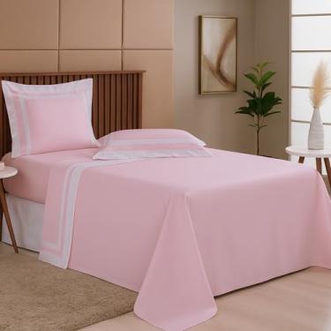 Imagem de Jogo de Lençol Casal Queen King 4 Peças Percal 300 Fios 100% Algodão - Toque Acetinado Suave e Confortável – Enxoval Cama Casa (Rosa, King)