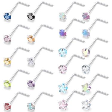 Imagem de Pnsgisr 20/18 g Anéis de nariz retos / L/rolhas em forma de saca-rolhas piercings joias para mulheres aço cirúrgico hipoalergênico, 20g*1/4in*3mm, Metal, Zircônia cúbica